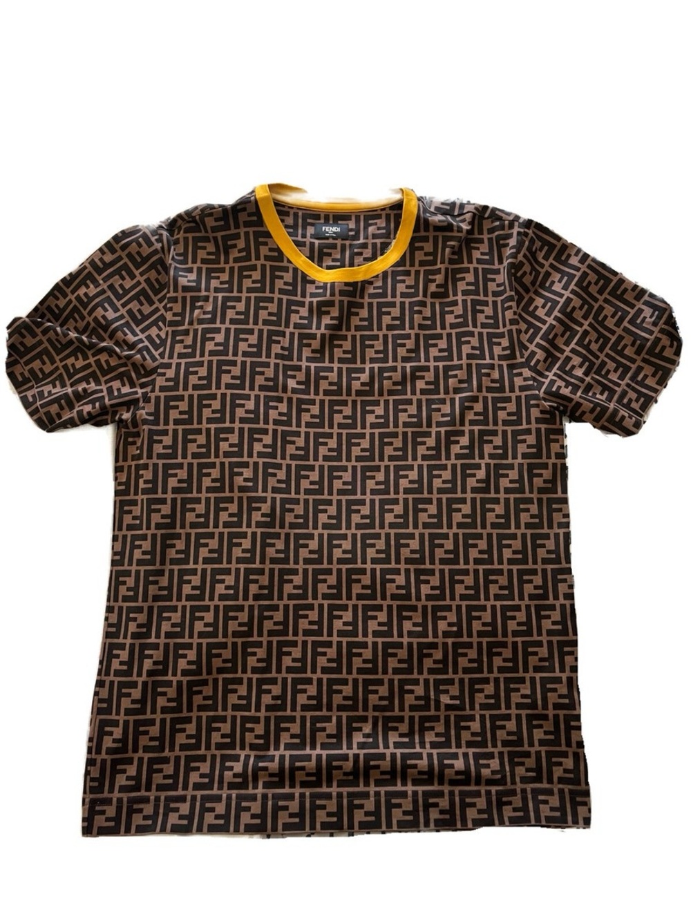 Fendi Brown and Black FF Logo Tee with Yellow Neck Trim